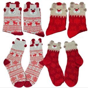 2 Pairs Christmas Adult Mid-Calf Cozy Snowflake & Reindeer Bear Design Socks NEW